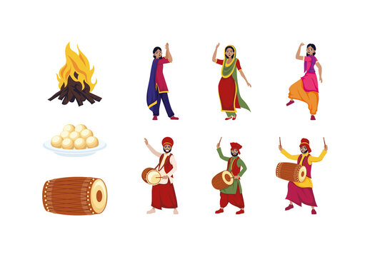 Colorful Lohri Festival Punjabi Culture Illustration Design Set