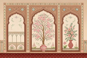 Three arched floral panels present artistic vintage Indian design elements decoratively