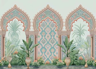 Three patterned arches frame lush plant life, creating a tranquil indoor garden with classic architectural details