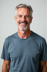 Obraz premium A happy person smiling directly into the camera lens, wearing a blue shirt