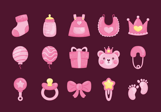 Pink Baby Girl Accessories Cute Baby Shower Illustrations Design Set