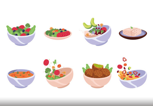 Colorful Salad Bowl Vegan Food Healthy Illustration Set