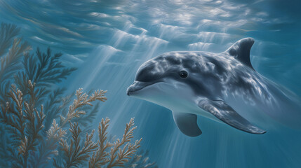 Fototapeta premium A Vaquita gracefully swims through turquoise waters with coral