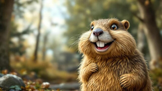 A cheerful cartoon marmot stands in a forest. The animal has a fluffy brown coat and a big smile. Surrounding trees and foliage create a vibrant natural setting.