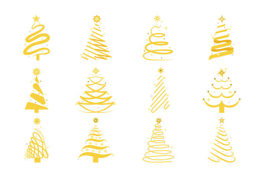Golden Christmas Tree Shiny Decoration Illustration Set