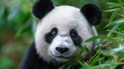A giant panda enjoying bamboo in a tranquil mountain forest