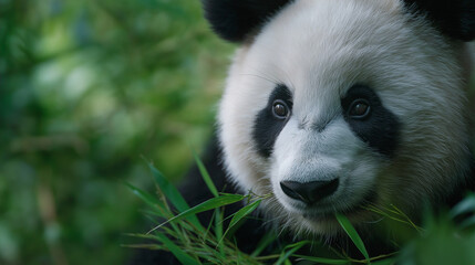 Fototapeta premium Giant panda enjoying bamboo in serene mountain bamboo forest
