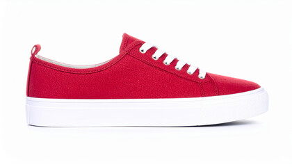 Red canvas shoe with white sole and white laces
