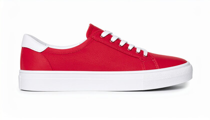 Red canvas shoe with white sole and white laces