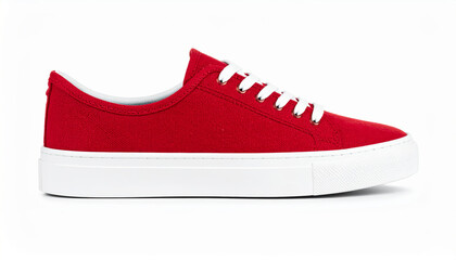 Red canvas shoe with white sole resting on white background