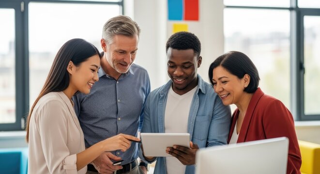 Diverse business team reviewing digital tablet content with focused expressions near window in modern office environment.