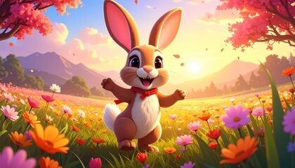 Fototapeta premium Adorable rabbit exploring a vibrant field of colorful flowers in spring