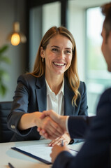 A woman and a man in a suit shaking hands, business meeting or negotiation