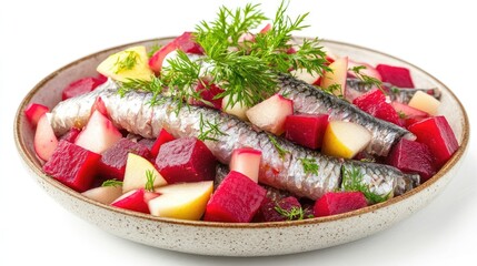 German pickled herring salad with beets and apple cubes, isolated on white background