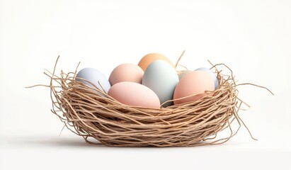 Pastel eggs nestled in a rustic nest