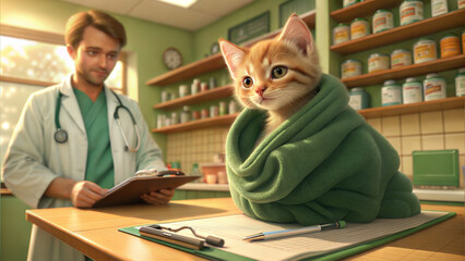 Veterinarian examining ginger kitten wrapped in green blanket at animal clinic
