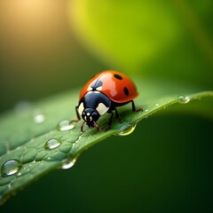 Fototapeta premium Ladybug on a leaf reflected on water. 