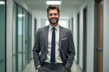 Fototapeta premium A man in a suit and tie standing in a hallway, great for office or corporate use