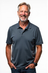 A person posing for a photo in a blue shirt and jeans, ready to capture the moment