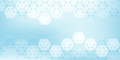 Health care abstract background with hexagons, lines and dots. Medical innovation banner template concept. Biology and pharmaceutical technology background. Vector illustration.