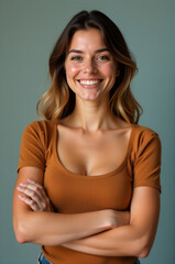 Fototapeta premium A happy woman standing with her arms crossed, looking directly at the camera