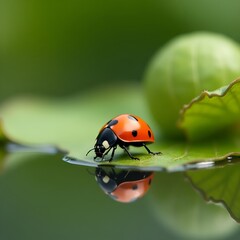 Ladybug on a leaf reflected on water.
