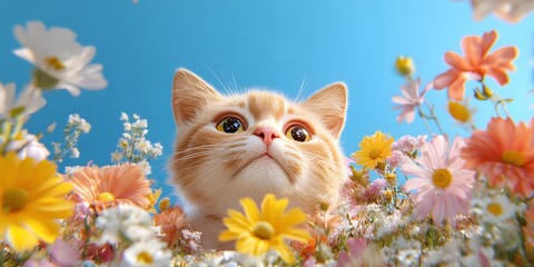 A curious cat is surrounded by vibrant flowers under a clear blue sky, capturing the essence of nature's beauty and playfulness in this delightful scene.
