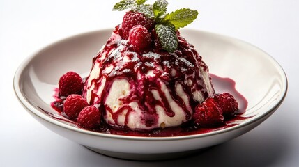 Hot red fruit pudding (Rote Grtze) with vanilla sauce, German dessert, white background