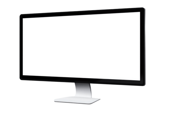 A modern monitor with a white screen and a sleek black frame against a dark background in a studio setting