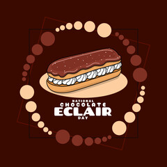 National Chocolate Eclair Day to celebrate on June 22nd. Chocolate bread with cream filling usually accompanied by coffee or tea. Food event banner.