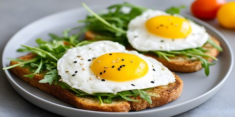 A delicious breakfast plate featuring toasted bread topped with fresh arugula and perfectly cooked sunny-side-up eggs, garnished with black pepper and vibrant cherry tomatoes.