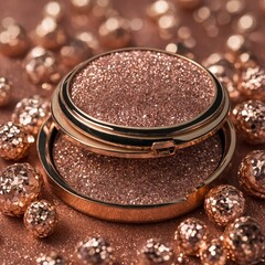 Macro shot highlighting glitter detail of rose gold compact.
