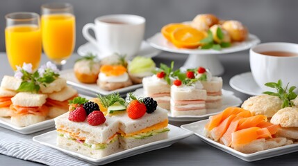 Obraz premium A delightful spread of colorful sandwiches and pastries served with refreshing juices. Perfect for brunch or afternoon tea, this vibrant assortment invites a taste of enjoyment.
