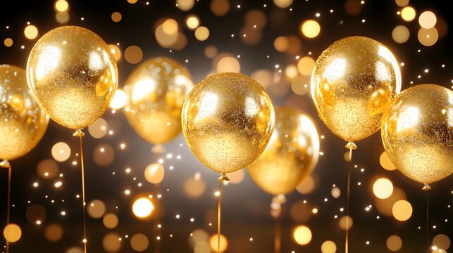 A festive scene featuring shimmering gold balloons against a backdrop of glowing bokeh lights, perfect for celebrations, parties, and special occasions.