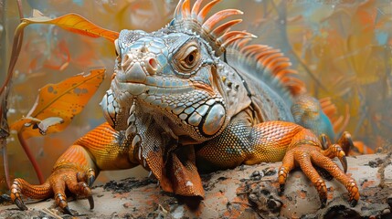 Fototapeta premium An iguana blending into its surroundings, its adaptive colors and the texture of its habitat captured with impressive detail.
