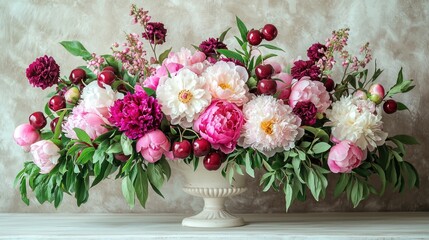 Pink & burgundy peonies, cherries, and greenery in vase