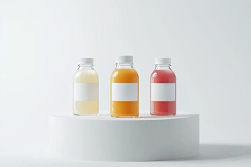 Three juice bottles, blank labels, white pedestal