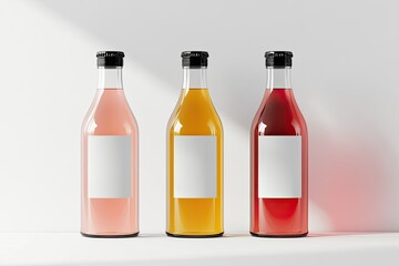 Three clear glass bottles with colorful drinks and blank labels