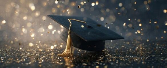 The graduation cap celebrating success with sparkling bokeh background and golden confetti.