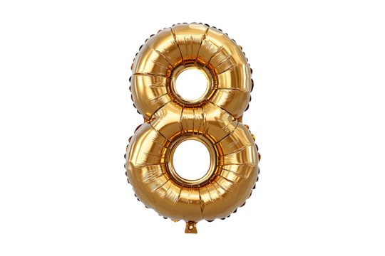English Number 8 made with gold foil balloon isolated on transparent background