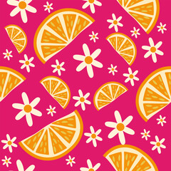 Vibrant citrus orange and daisy seamless pattern on hot pink background