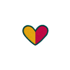 Obraz premium Colorful heart shaped patch with yellow and pink split design, outlined in green, on transparency background. patch has textured, embroidered appearance, adding playful and vibrant touch