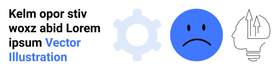 Fototapeta premium Blue sad face, gear icon, and head outline with light bulb and arrows showcasing emotion, teamwork, creativity, innovation, problem-solving, technology, and a simple landing page