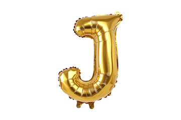 English alphabet J made with gold foil balloon isolated on transparent background