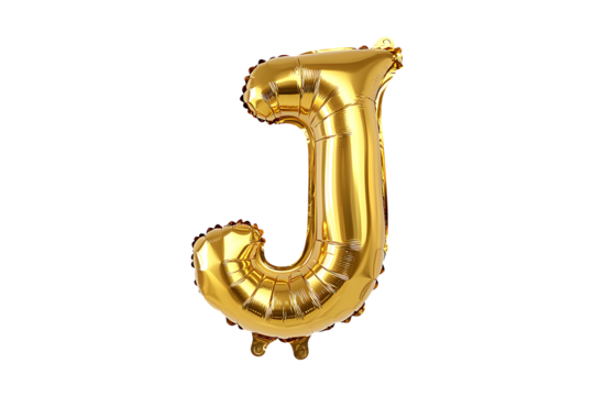 English alphabet J made with gold foil balloon isolated on transparent background