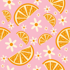 Seamless pattern with citrus orange and white daisies on pastel pink