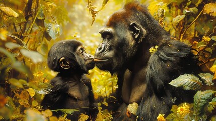 An intimate moment between a mother gorilla and her baby in a verdant forest, their expressions and surroundings depicted with poignant, lifelike detail