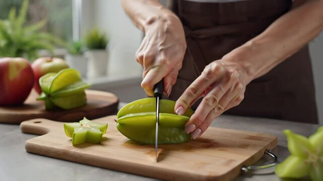 female hands cutting ripe carambola with knife on table in kitchen