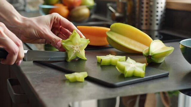 female hands cutting ripe carambola with knife on table in kitchen