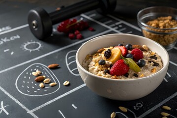 A bowl of oatmeal, seeds and fruit on a gym chalkboard background - a shot without people, the light is falling obliquely